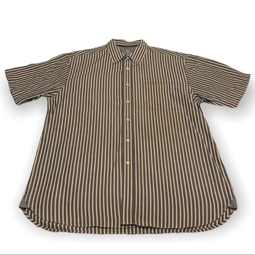 Covington Large Cotton Men Button Down Short Sleeve Vertical Stripe Grey White